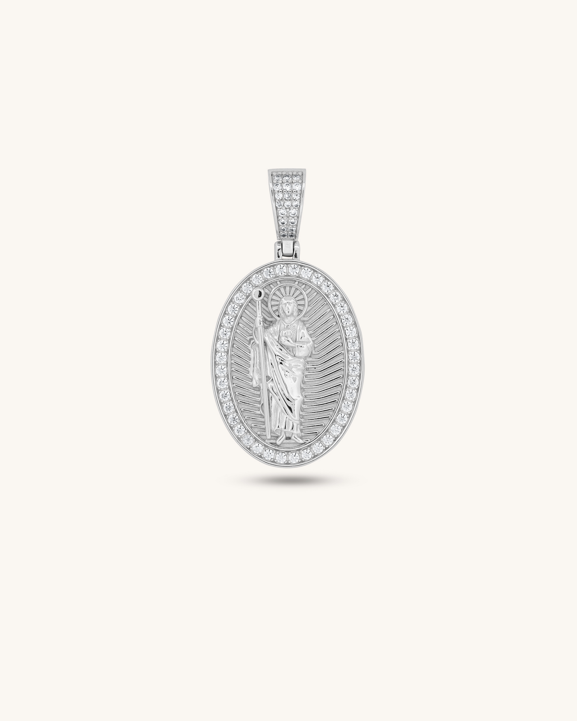 variant_sterling silver
Sterling silver St. Jude pendant with halo-set stones – symbolic necklace of faith